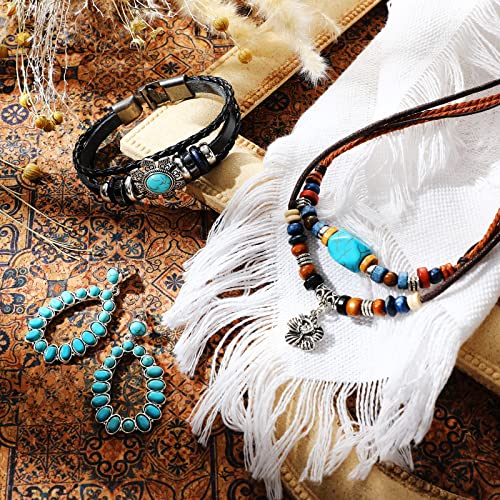 Women Bohemian Necklace, Braided Leather Wristbands Bracelets & Earring Set