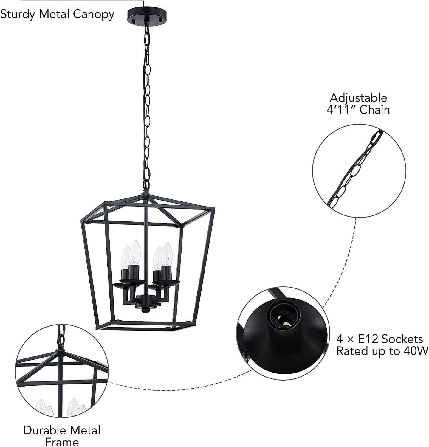 4-Light Farmhouse Lantern Chandelier Light Fixture Black, Rustic Pendant Light Fixture Adjustable Chain