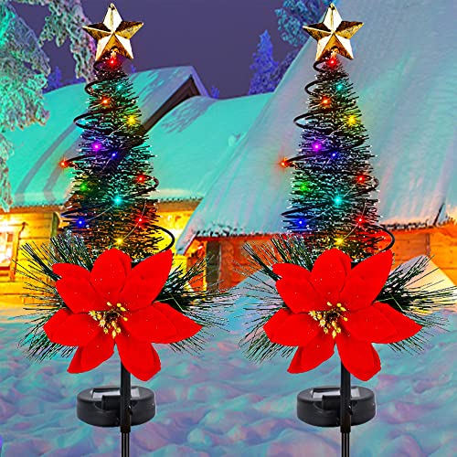 Sets of 2 Christmas Tree Stakes w/ Star Topper & Solar Lighted Led Lights