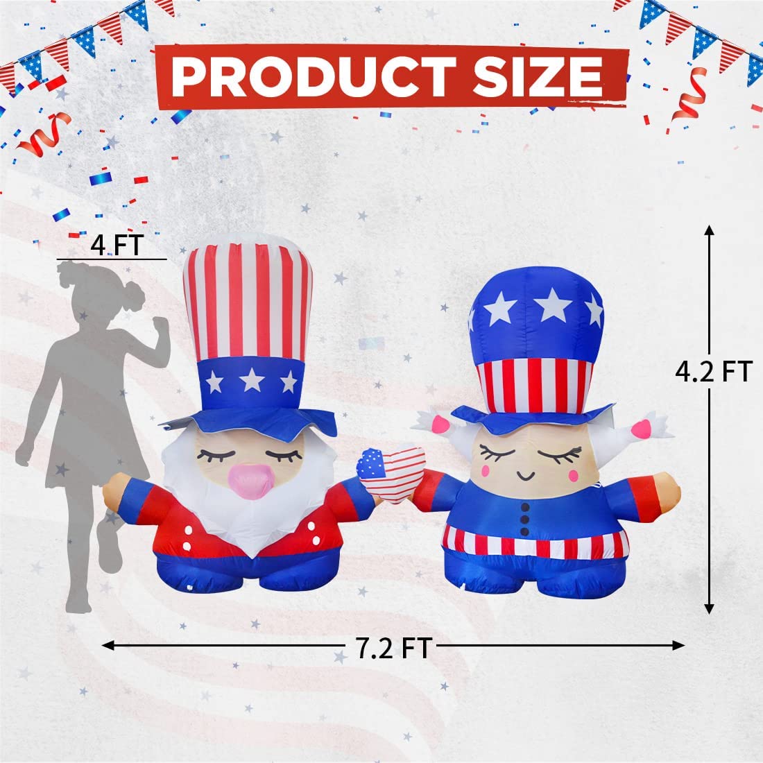 Independence Day July 4th Inflatable 7.2FT Long Gnome Couple w/ Built-in LEDs