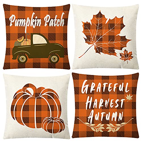 Set of 4 Buffalo Plaid Pumpkin Truck Maple Leaf Thanksgiving Throw Pillow Covers 18x18