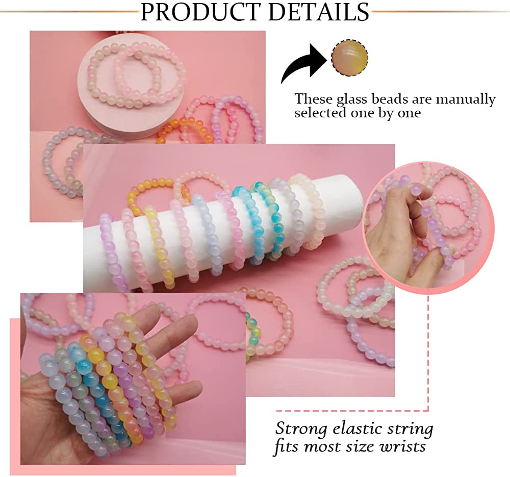 18Pcs 8mm Beaded Stretch Handmade Round Glass Bracelet for Women Multicolor Matte Beads Elastic