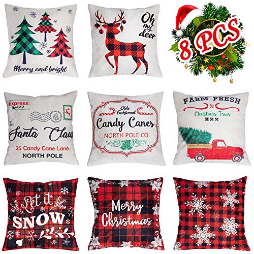 8 Pieces Christmas Throw Pillow Covers 18 x 18 Inches
