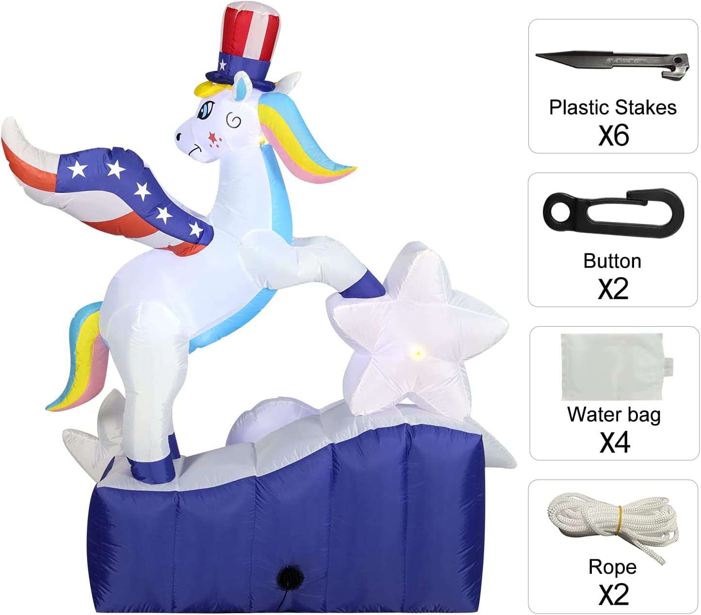 6 FT Tall Patriotic Independence Day 4th of July Inflatable Stars & stripes Unicorn Star w/ LEDS