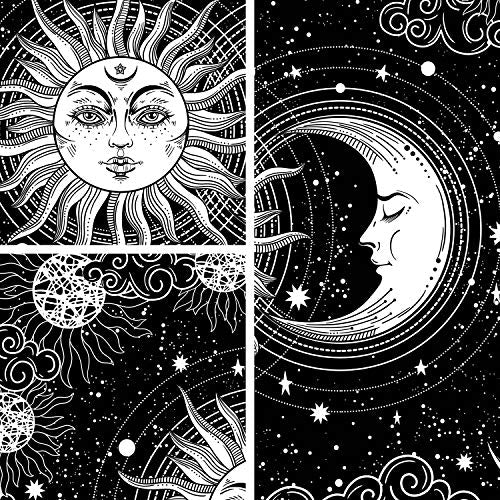 Sun and Moon Star Burning Sun with Stars Floral Mystic Aesthetic Wall Tapestry ( Black and White )