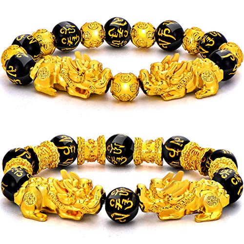 2 Pieces 12 mm Feng Shui Bead Bracelet with Hand Carved Black Amulet