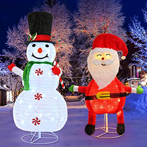 Set of 2 Collapsible 3.0FT Snowman 2.6FT Santa w/ 100 LEDs Plug-in  Christmas Decoration