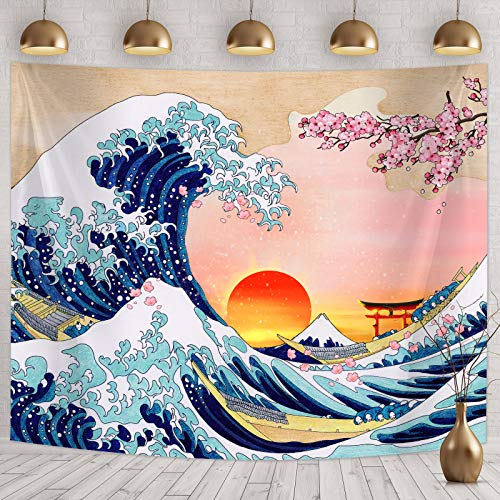 Japanese Great Kanagawa Wave with Sunset Cherry Blossom Wall Hanging Tapestry