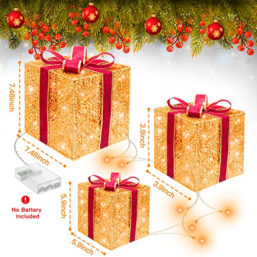 Christmas Lighted Gift Boxes, BOIROS 60 LED Light Up Christmas Packages Set of 3 Metal Present Box Decoration 2