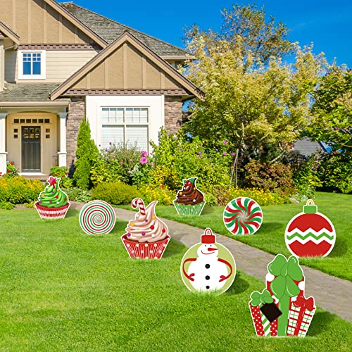 8Pcs Christmas Yard Sign w/ 16Pcs Stakes Cupcake Candy Lawn Sign