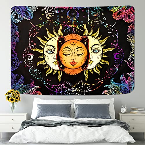 Psychedelic Sun and Moon Burning Sun Black Colorful Moon and Stars Tapestry ( 51.2 × 59.1 inches)