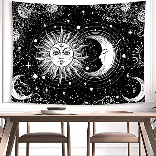 Sun and Moon Star Burning Sun with Stars Floral Mystic Aesthetic Wall Tapestry ( Black and White )