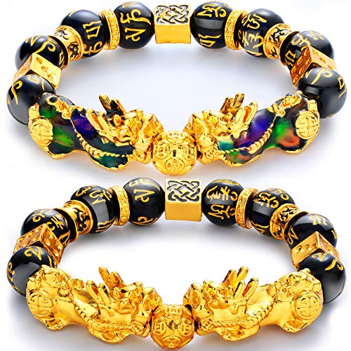 2 Pieces 12 mm Feng Shui Bead Bracelet with Hand Carved Black Amulet