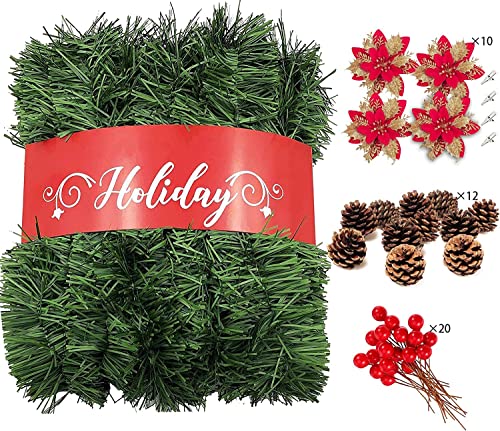54 Ft Garland for Christmas w/12 Pine Cones, 20 Red Berries & 10 Flowers