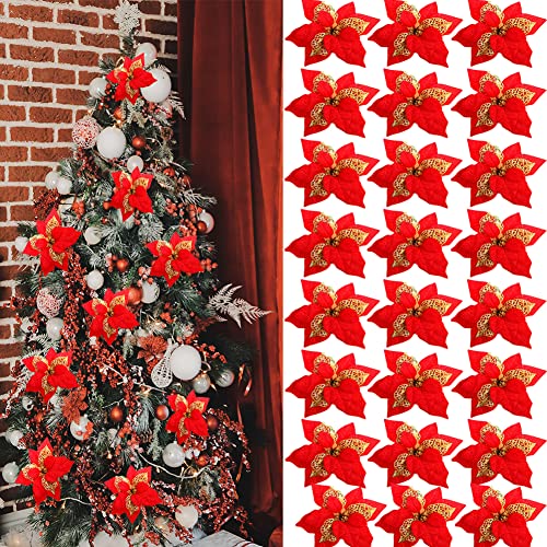 24 PCS Red Poinsettia Artificial Flowers Glitter Christmas Tree Ornaments