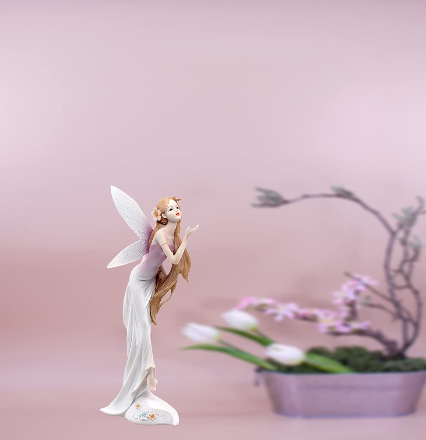 13" Polyresin Spirit Forest Fairy Wearing A Flower Collectible Figurine, Pink