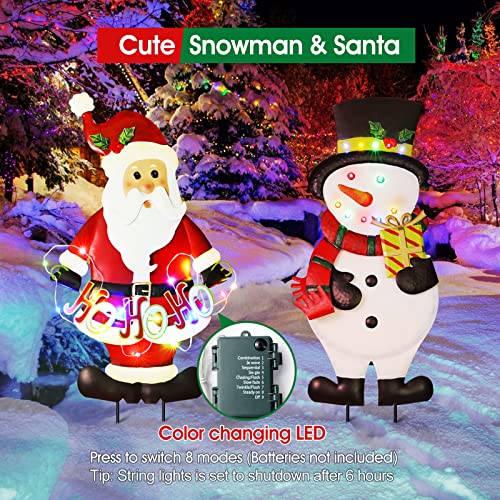 2 Pack  Christmas Snowman & Santa Claus w/ String Lights Metal Yard Stakes