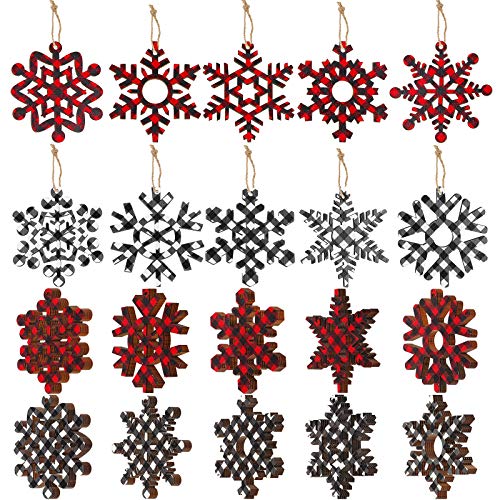 40 Pieces Buffalo Plaid Christmas Wooden Snowflake Ornaments Snowflakes Wood Slices Crafts Wood Set