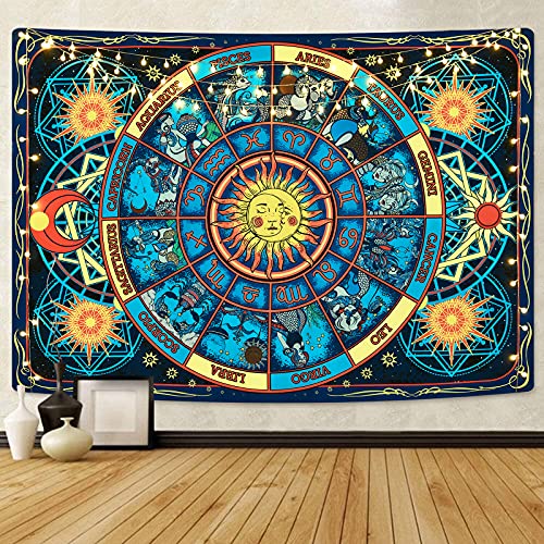 Psychedelic Sun and Moon Zodiac Constellation Burning Sun Astrology Tapestry