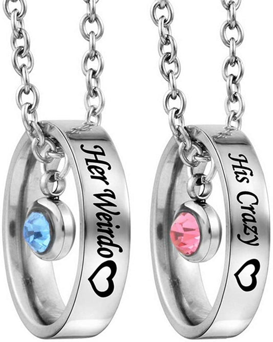 Matching Necklaces for Couples, His and Hers Engraved Rhinestone Ring Pendant Set