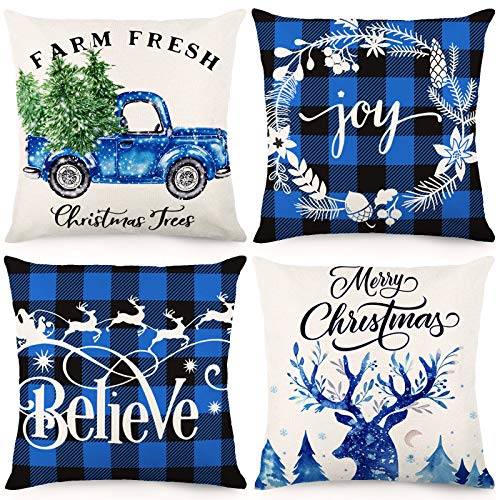 18x18 Christmas Decorations Black and Blue Buffalo Check Plaid Throw Pillowcase Pillow Covers Set of 4