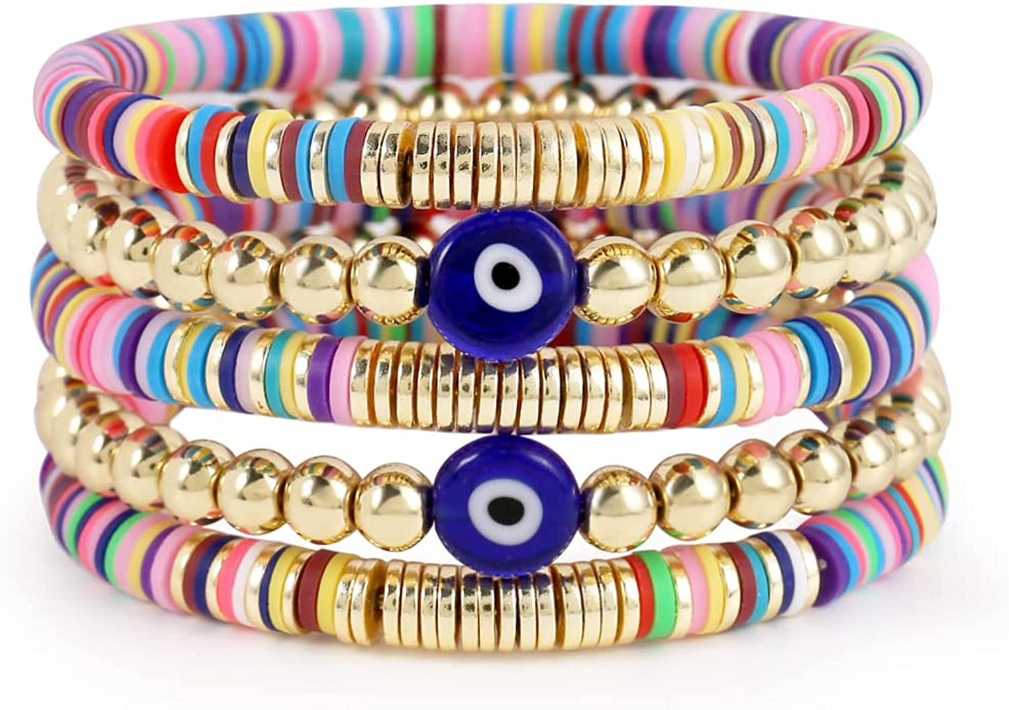 Colorful Beaded Stretch Bracelets Set for Women Smile Blue Evil Eye Polymer Summer Beach Jewelry