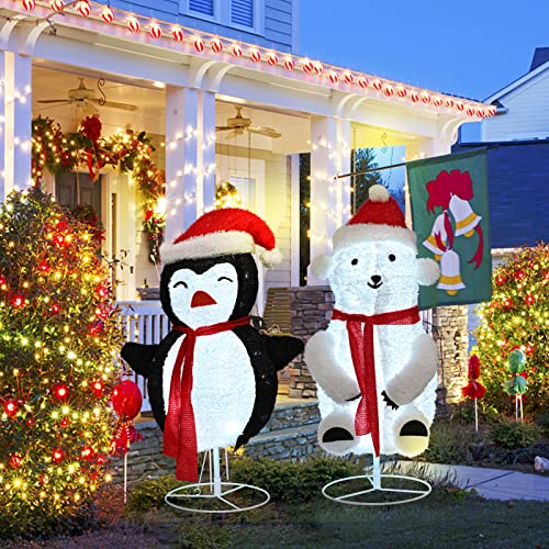 Set of 2- 31’’ Collapsible Fluffy Bear & Penguin w/ 100LT LED Lights, Christmas Holiday Decoration