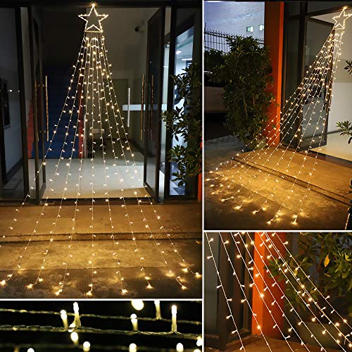 Christmas Star String Lights 317 LED  Waterproof String Lights with Star Topper, 8 Lighting Modes Waterfall Lights for Tree Decor