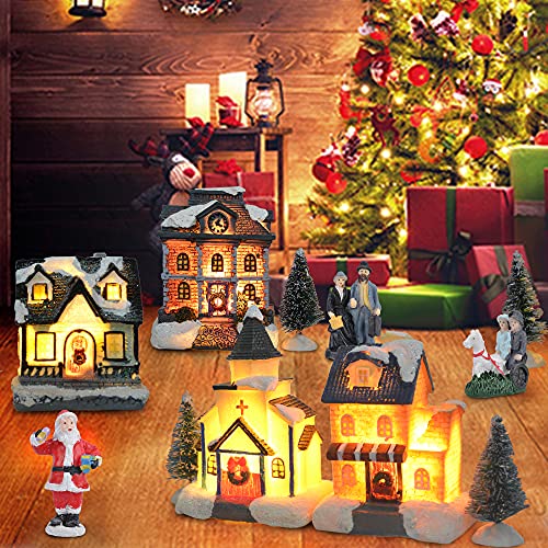 12Pcs Christmas Village Sets - LED Lighted Christmas Village Houses w/ Figurines,