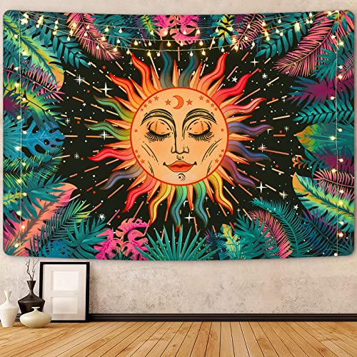 Psychedelic Sun & Mystical Moon and Stars Leaves Fractal Faces Tapestry