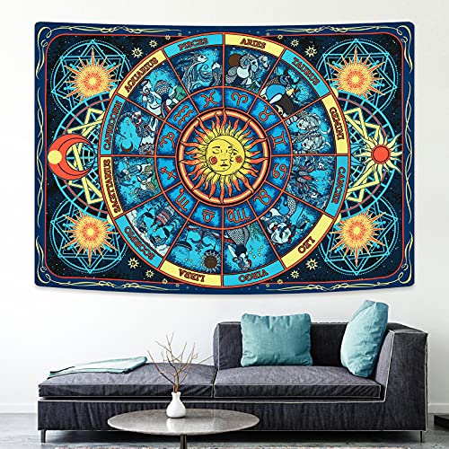 Psychedelic Sun and Moon Zodiac Constellation Burning Sun Astrology Tapestry