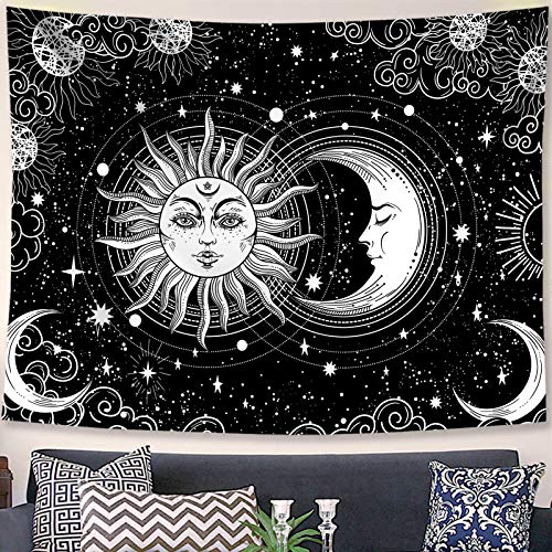 Sun and Moon Star Burning Sun with Stars Floral Mystic Aesthetic Wall Tapestry ( Black and White )