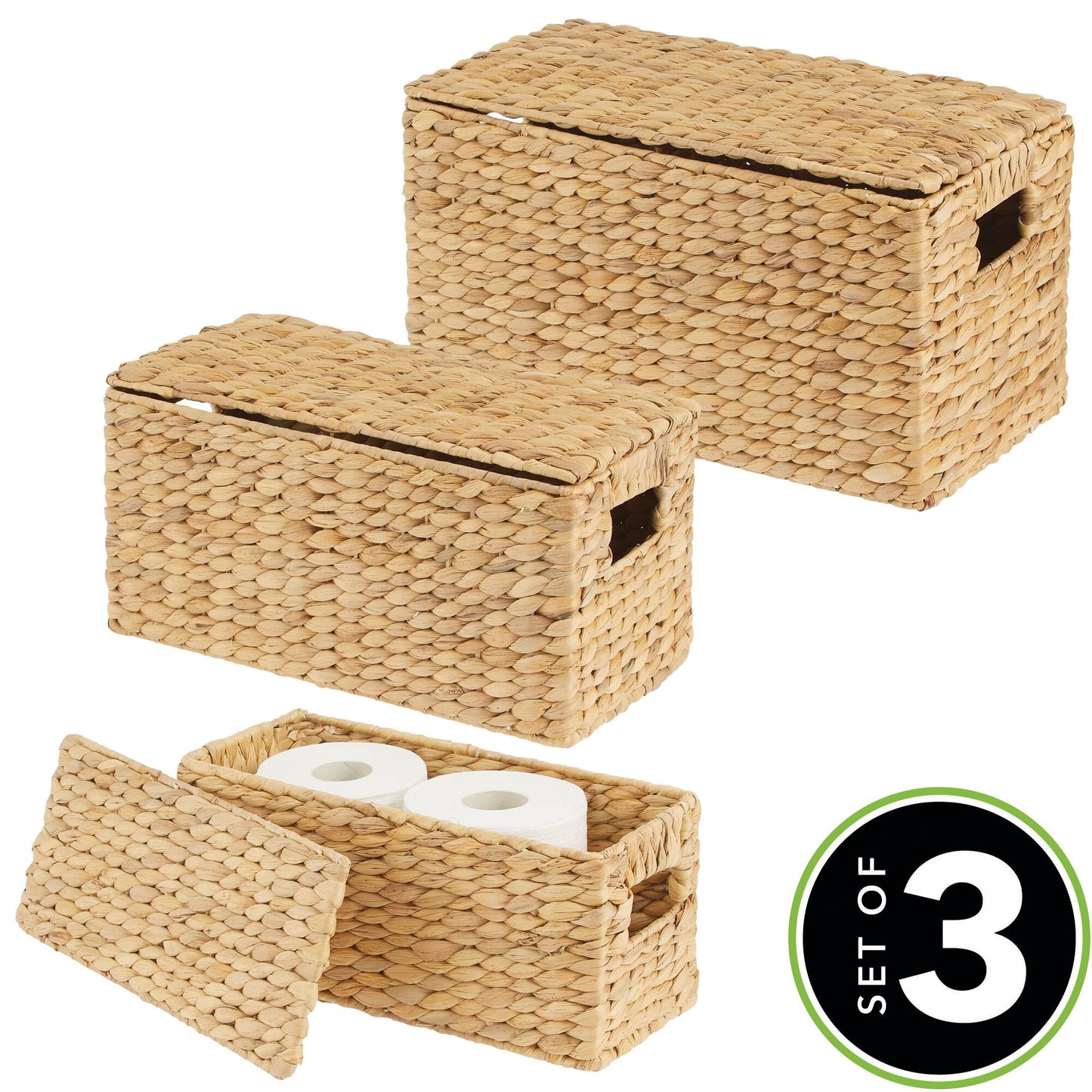 3 Natural Woven Water Hyacinth Organizer Basket Bin w/ Removable Lids