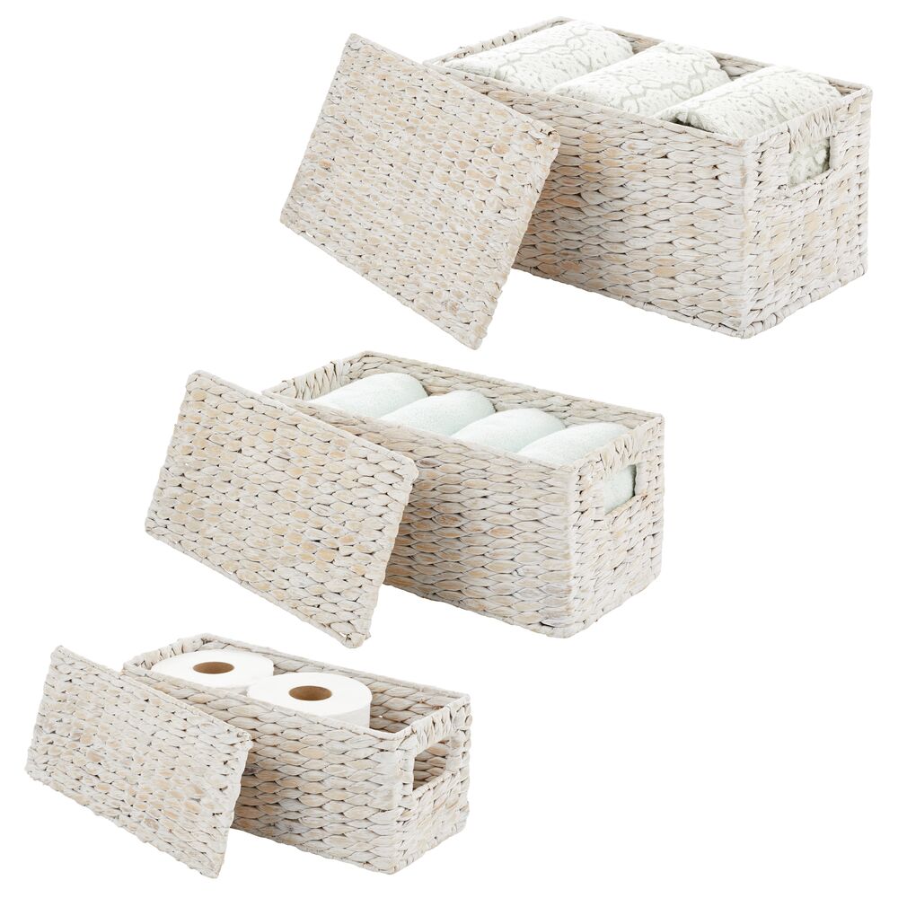 3 Natural Woven Water Hyacinth Organizer Basket Bin w/ Removable Lids