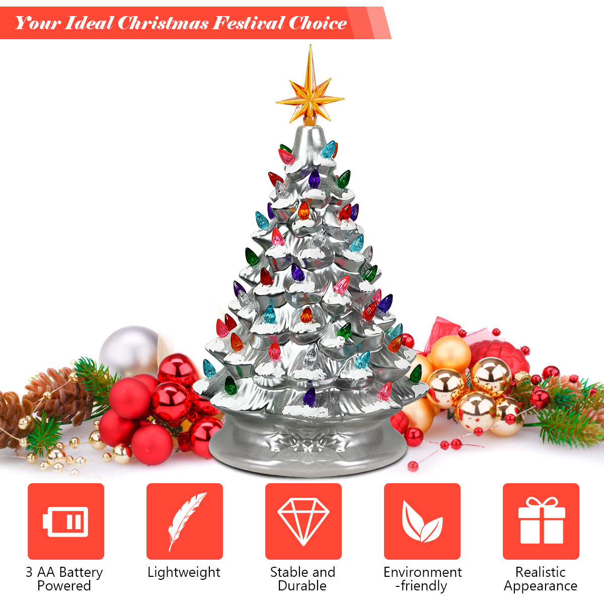 15''Pre-lit Hand-Painted Ceramic Tabletop Christmas Tree