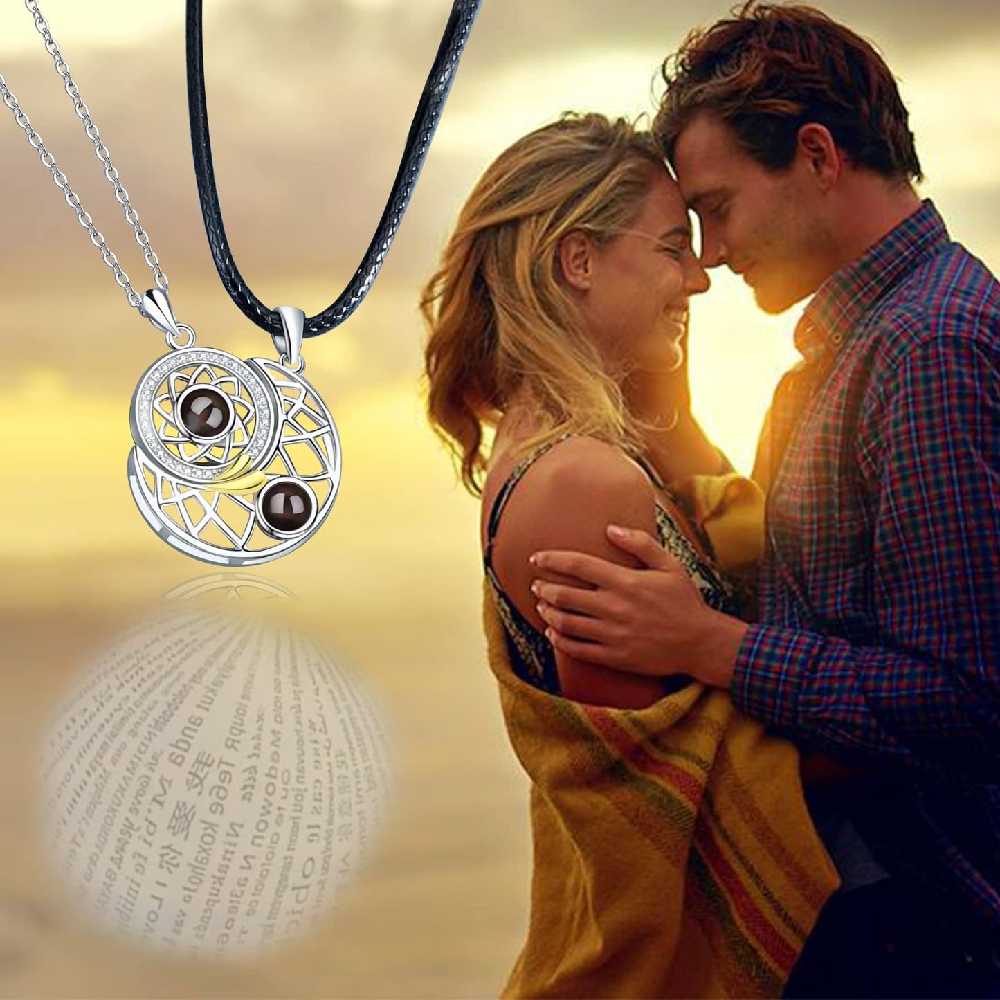 Magnetic Couple I Love You in 100 Languages Projection Romantic Sun and Moon Necklace For Couples