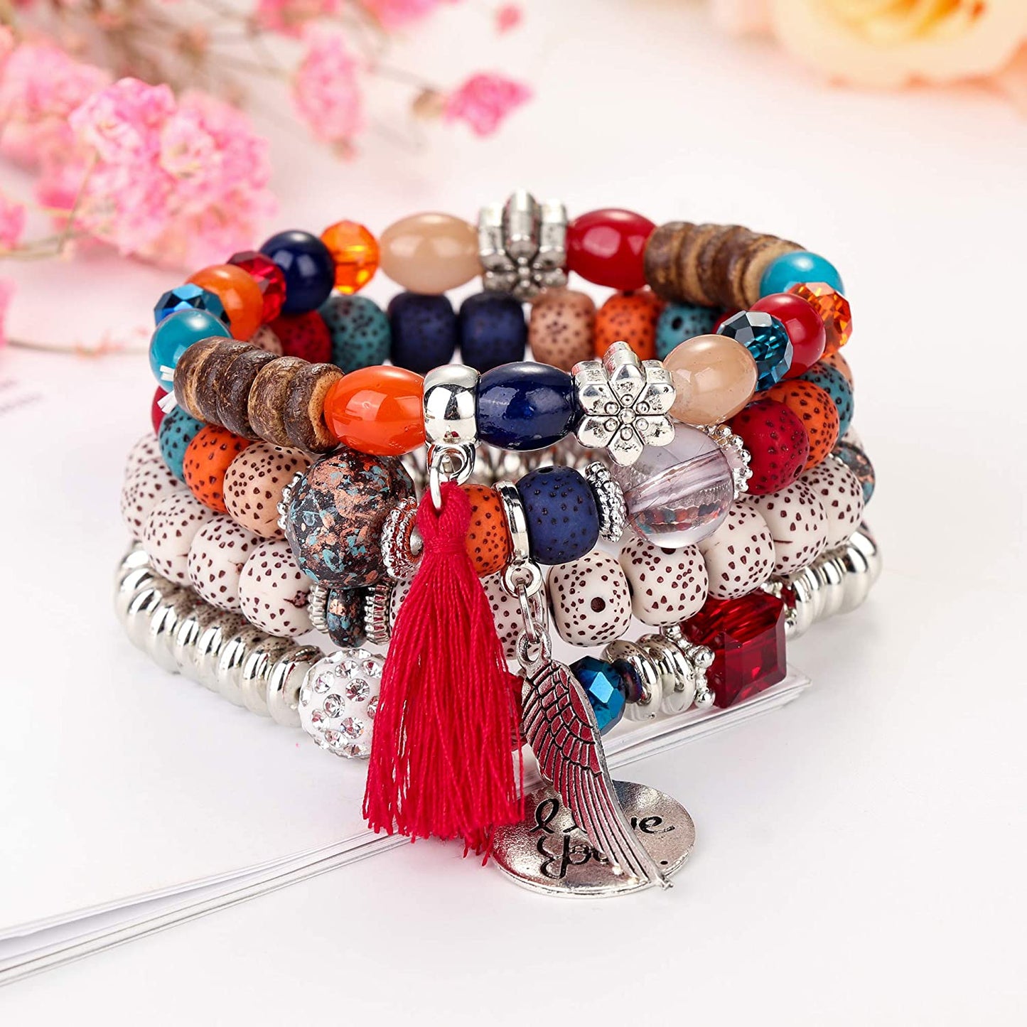 5 Set Bohemian Stretch Beaded Bangle Charm Multilayer Stackable Bracelets