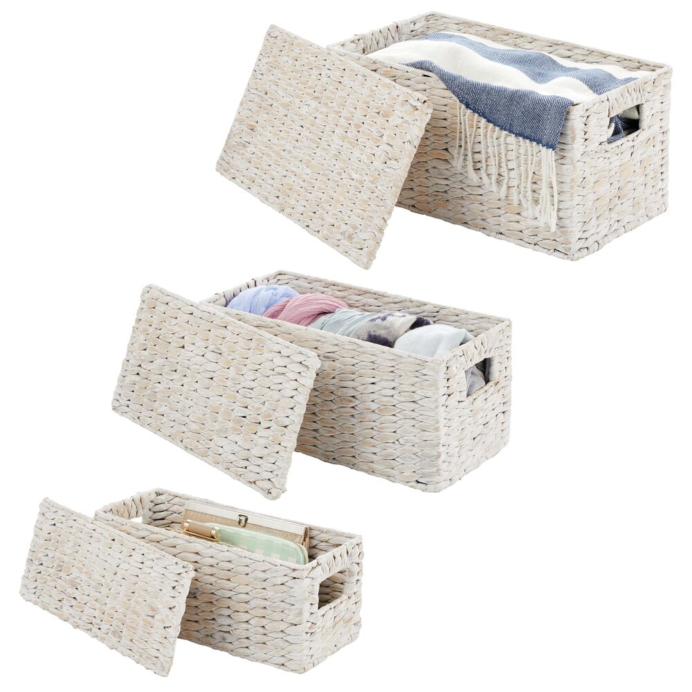 3 Natural Woven Water Hyacinth Organizer Basket Bin w/ Removable Lids