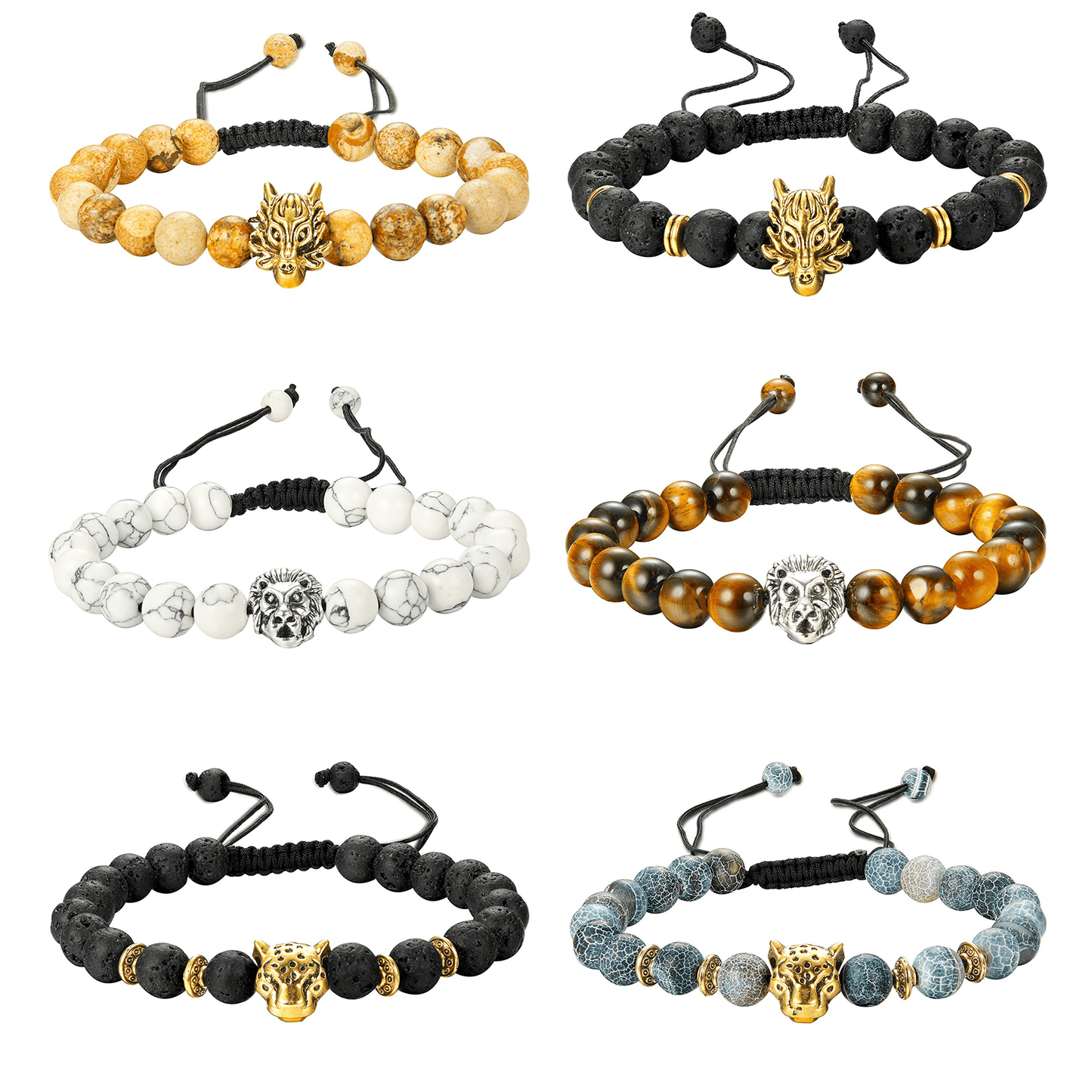 6PCS Mens Bead Bracelets Set Dragon/Lion/Panther Charm Natural Stone Bracelet, 8MM