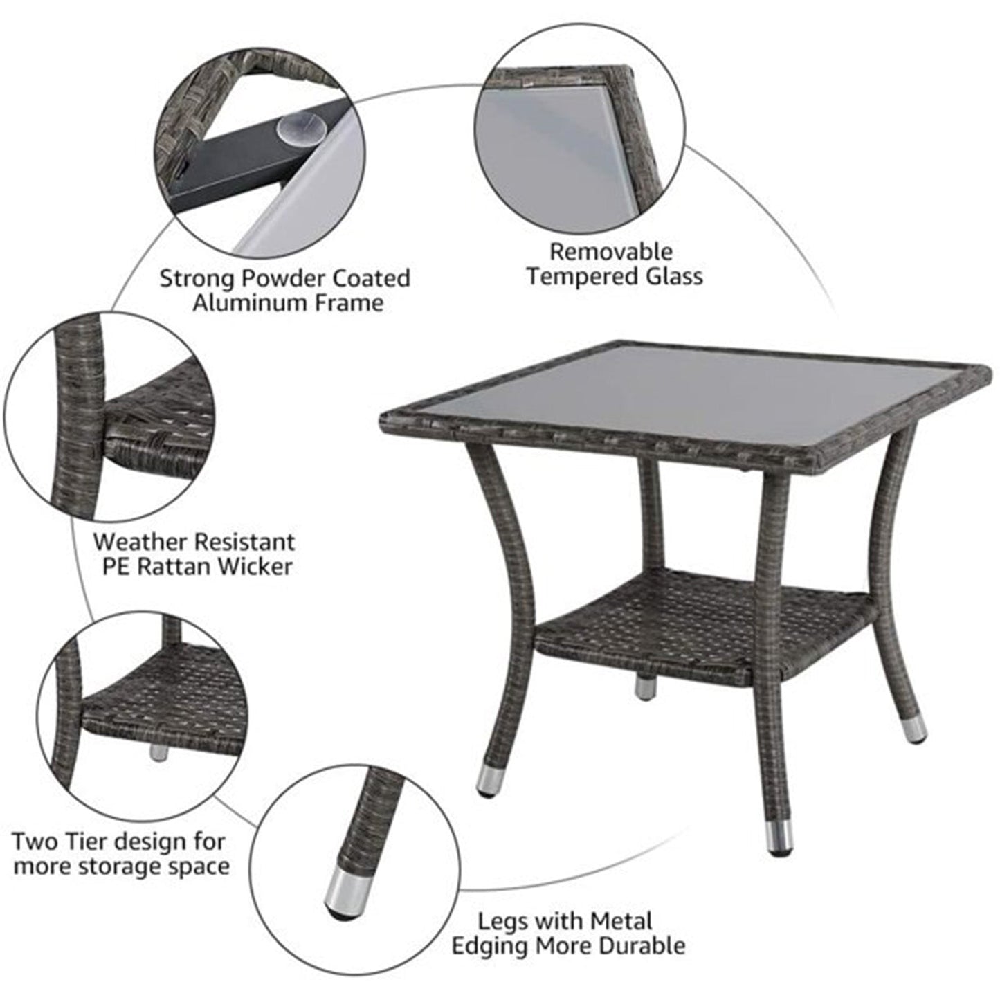 Square Glass Top Outdoor End Table Rattan