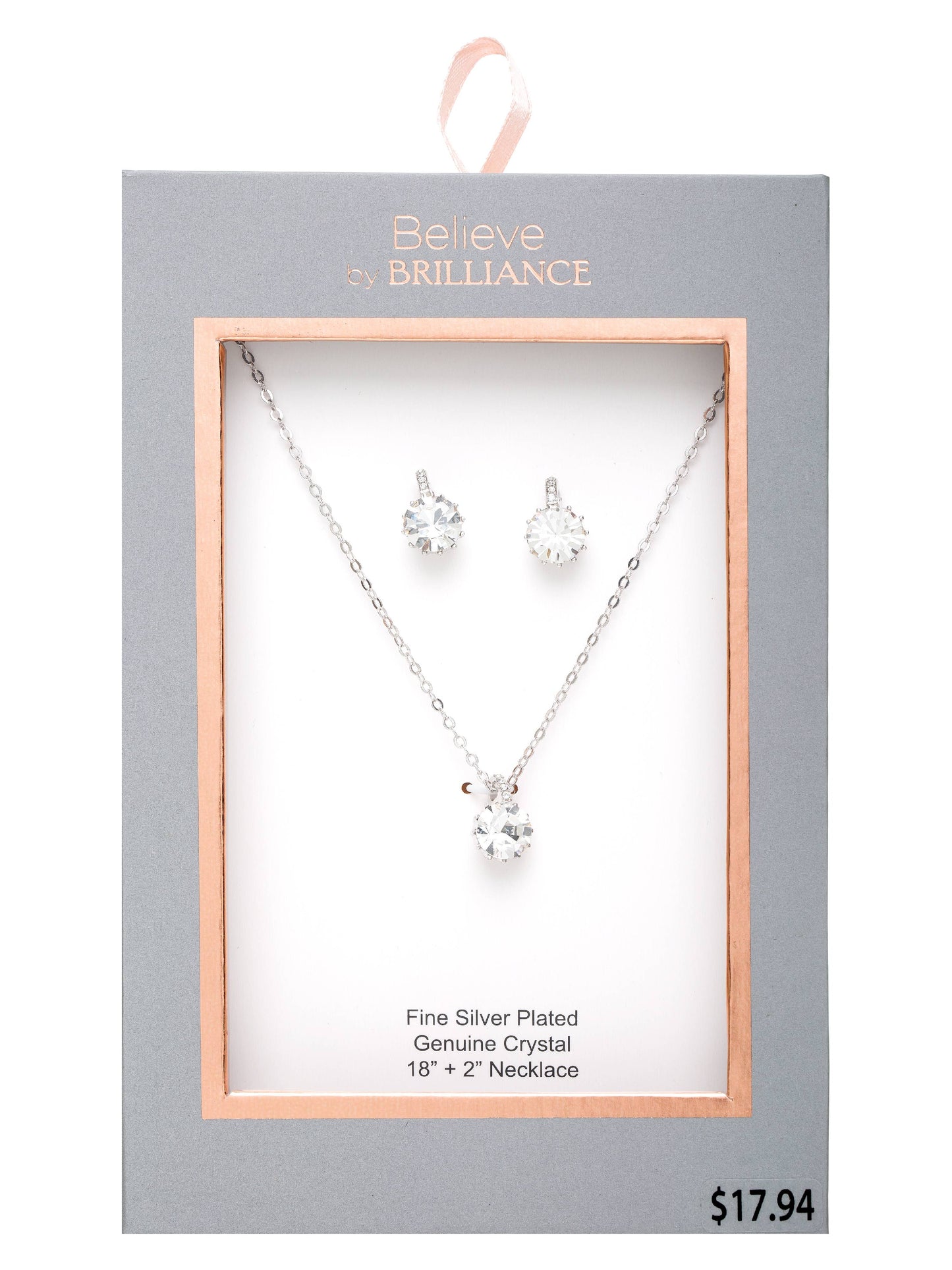 Fine Silver Plated Clear Crystal Pendant & Earring Set, 18" + 2" CHAIN