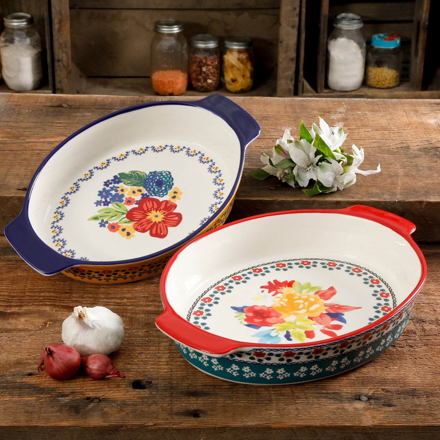 Floral 2-Piece Ceramic Oval Bakers Set