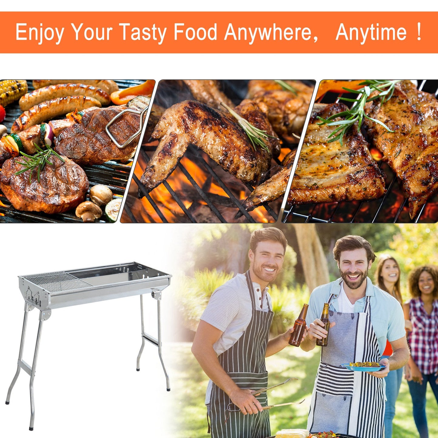 28" Stainless Steel Small Portable Folding Charcoal BBQ Grill Set