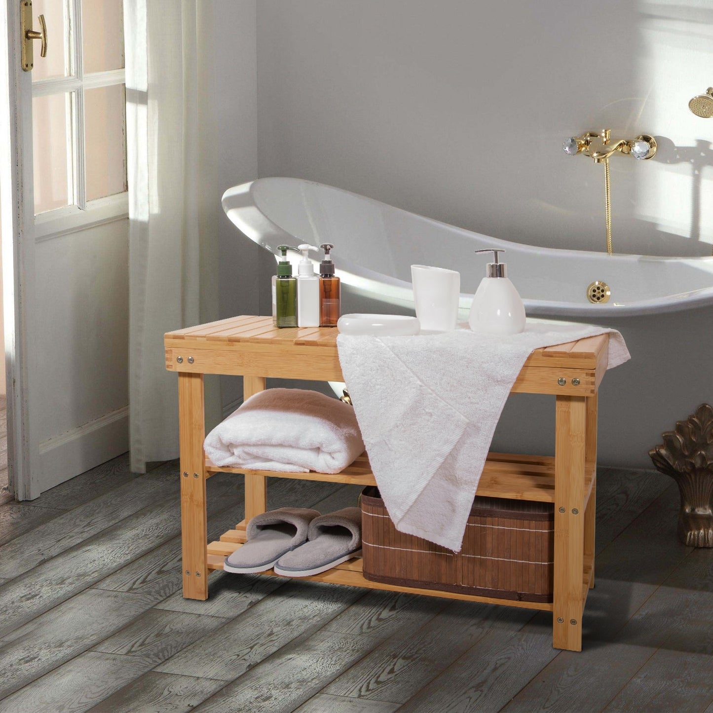 Bamboo 3 Tier Entryway Shoe Bench w/ Storage Drawer