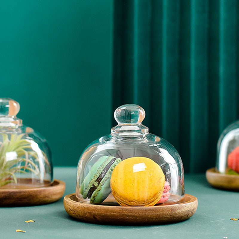 Clear Glass Dessert & Cheese Cloche Dome w/ Acacia Wood Serving Tray