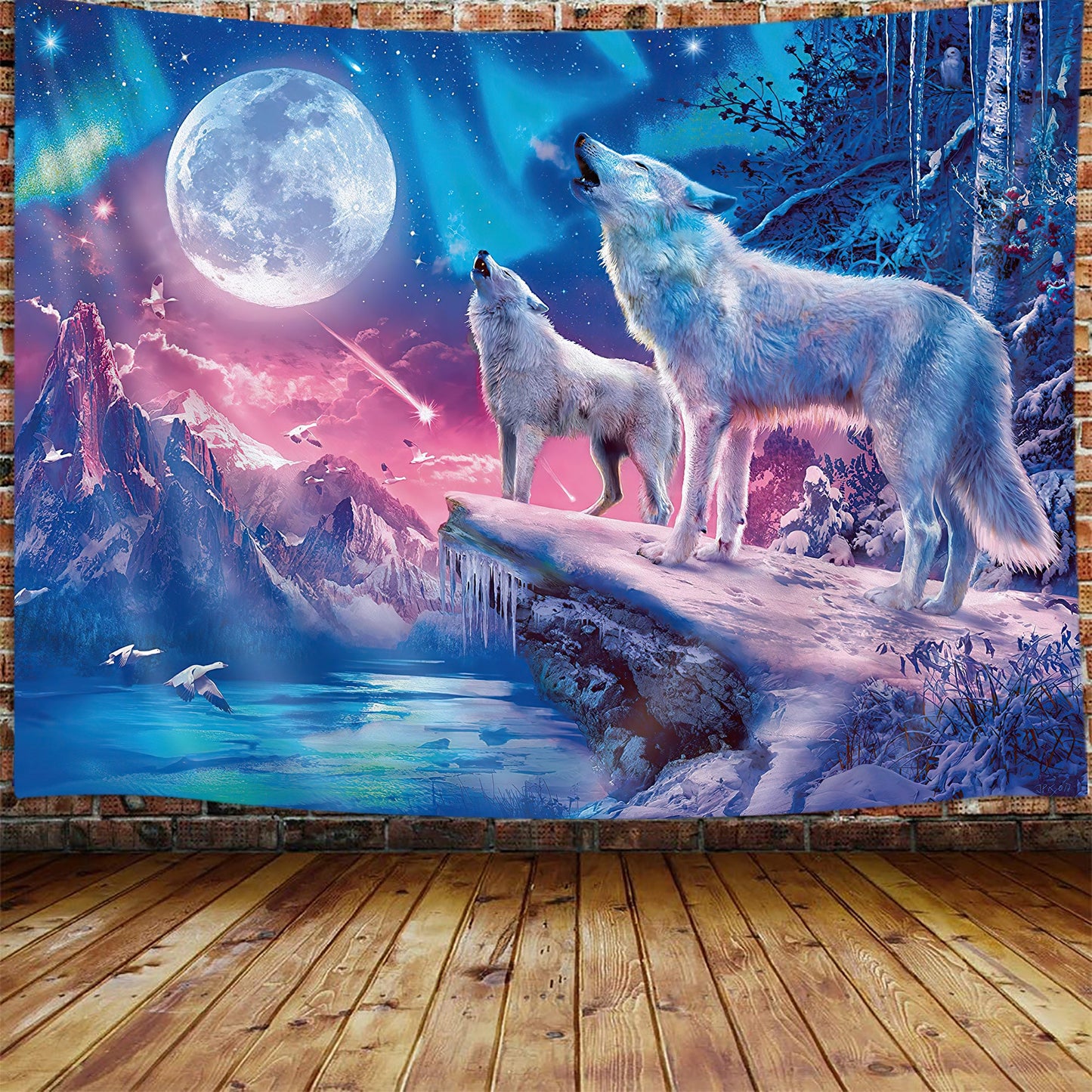 Aesthetic Blue Galaxy Mountain Fantasy Forest Wolf Moon Tapestry 60X40 inches