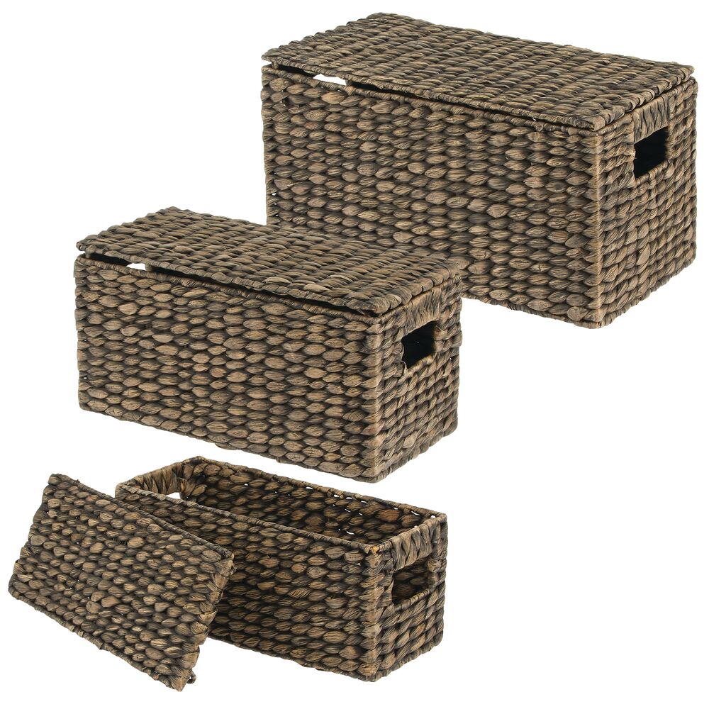 3 Natural Woven Water Hyacinth Organizer Basket Bin w/ Removable Lids