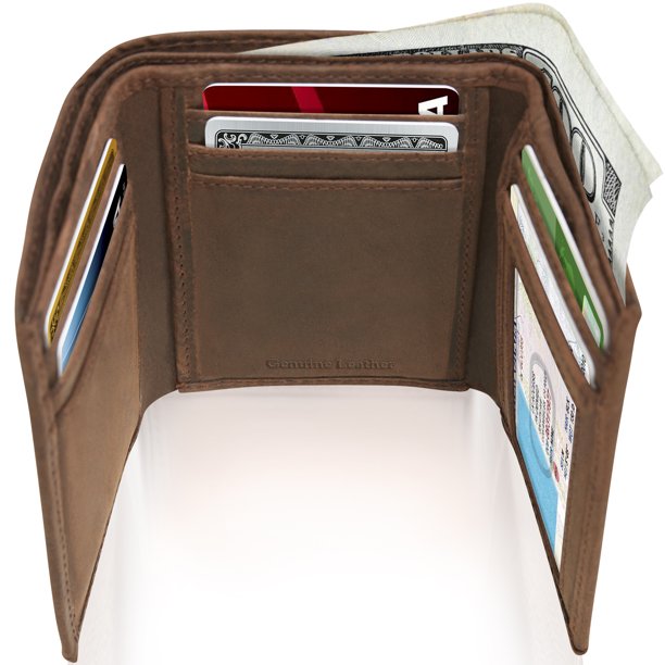 Genuine Leather Trifold Wallets For Men Brown Crazyhorse With ID Window Gifts For Men RFID Blocking