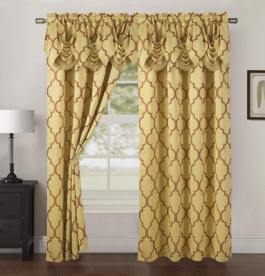 Elegant Comfort Quatrefoil Jacquard Look Curtains w/ Pleated Attached Valance