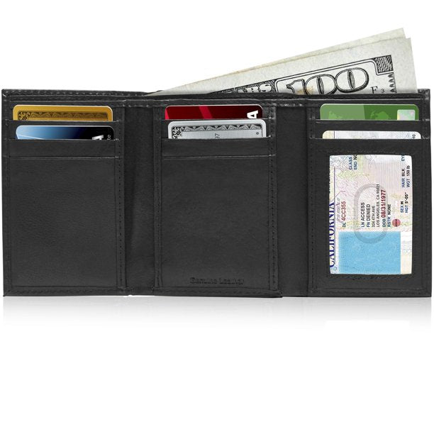 Genuine Leather Black  Men's Trifold Wallet With ID Window Gifts For Men RFID Blocking